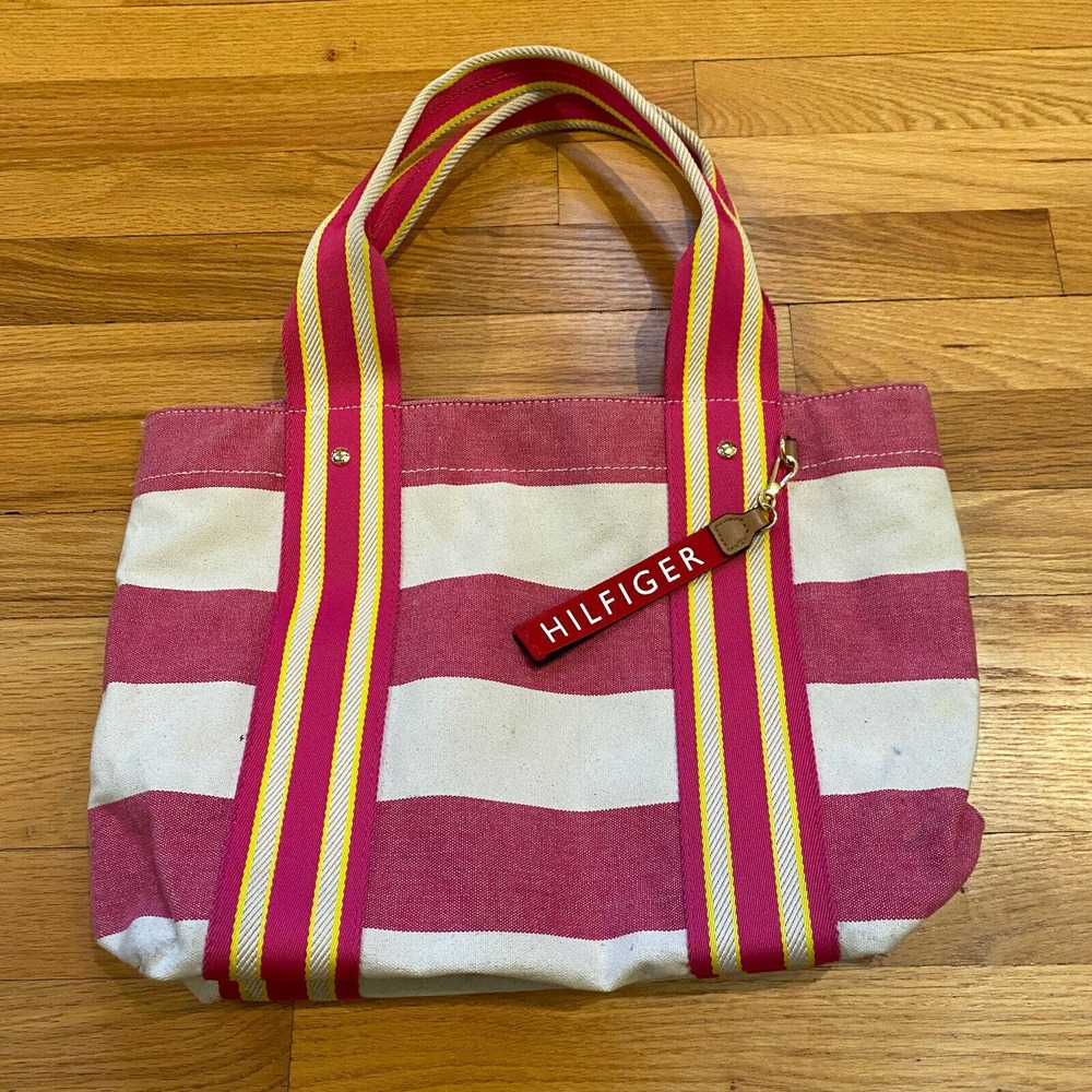 Tommy Hilfiger Canvas Small Tote Bag Purse Lined Pocket Pink Stripe Preppy Beach